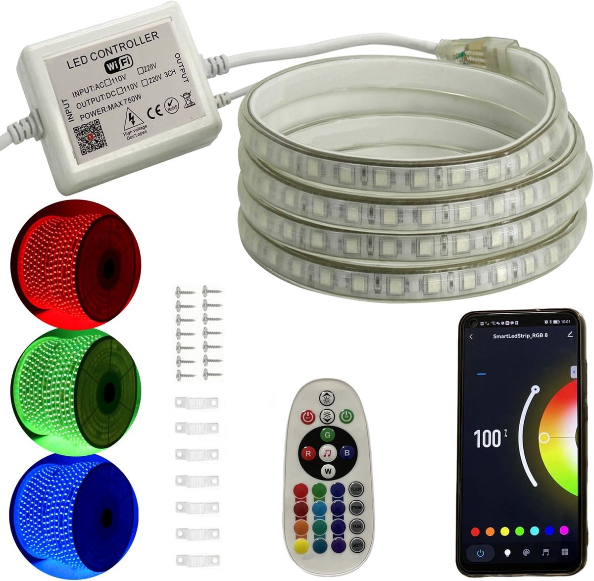 RGB LED-strips 30m met WIFI Controle - Dimbare Lichtstrip met IR Afstandsbediening en 220V Transformator