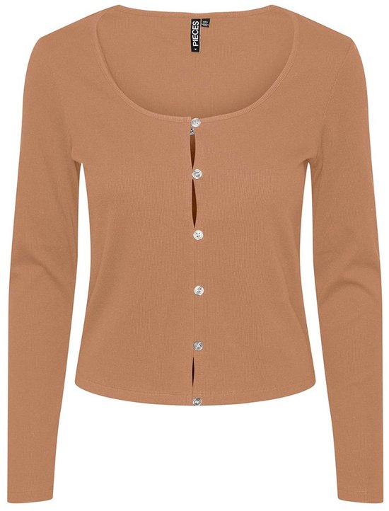 Bruin, langere mouwen, rond hals, met knopen, katoenen T-shirt van Pieces.