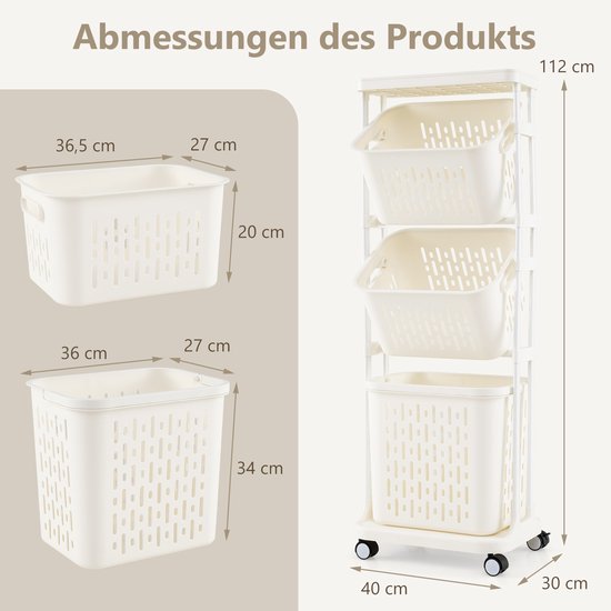 COSTWAY Wasmand met 3 verdiepingen op wieltjes, wasmand met 3 manden en handvat, wasverzamelaar met metalen frame, wassorteerder voor badkamer, waskeuken, wit COSTWAY Wasmand met 3 verdiepingen op wieltjes, wasmand met 3 manden en handvat, wasverzamelaar met metalen frame, wassorteerder voor badkamer, waskeuken, wit