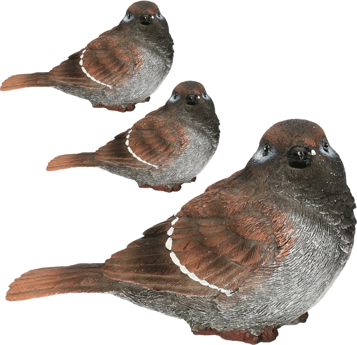 Huismus vogel beeldje - 3x stuks - 14,5 x 6,5 x 8,5 cm - polystone - tuinvogel beeldjes - binnen/buiten