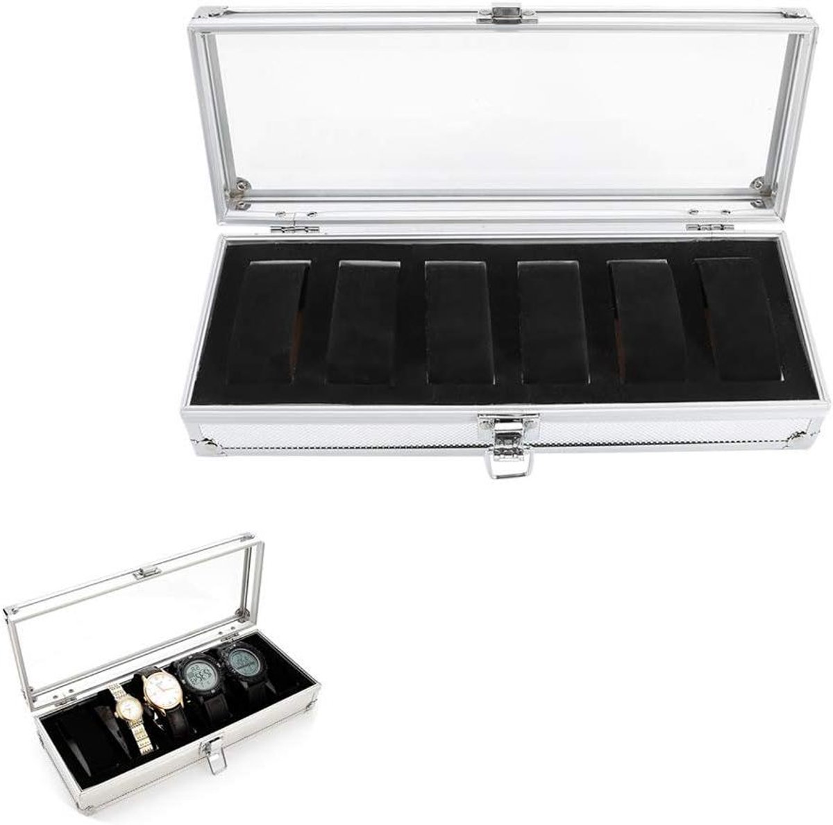 Aluminium Horlogebox - Zilverkleurig - Horloge Opbergtas - Thuis Klok Organisatie - Decoratie Case (6 slots)