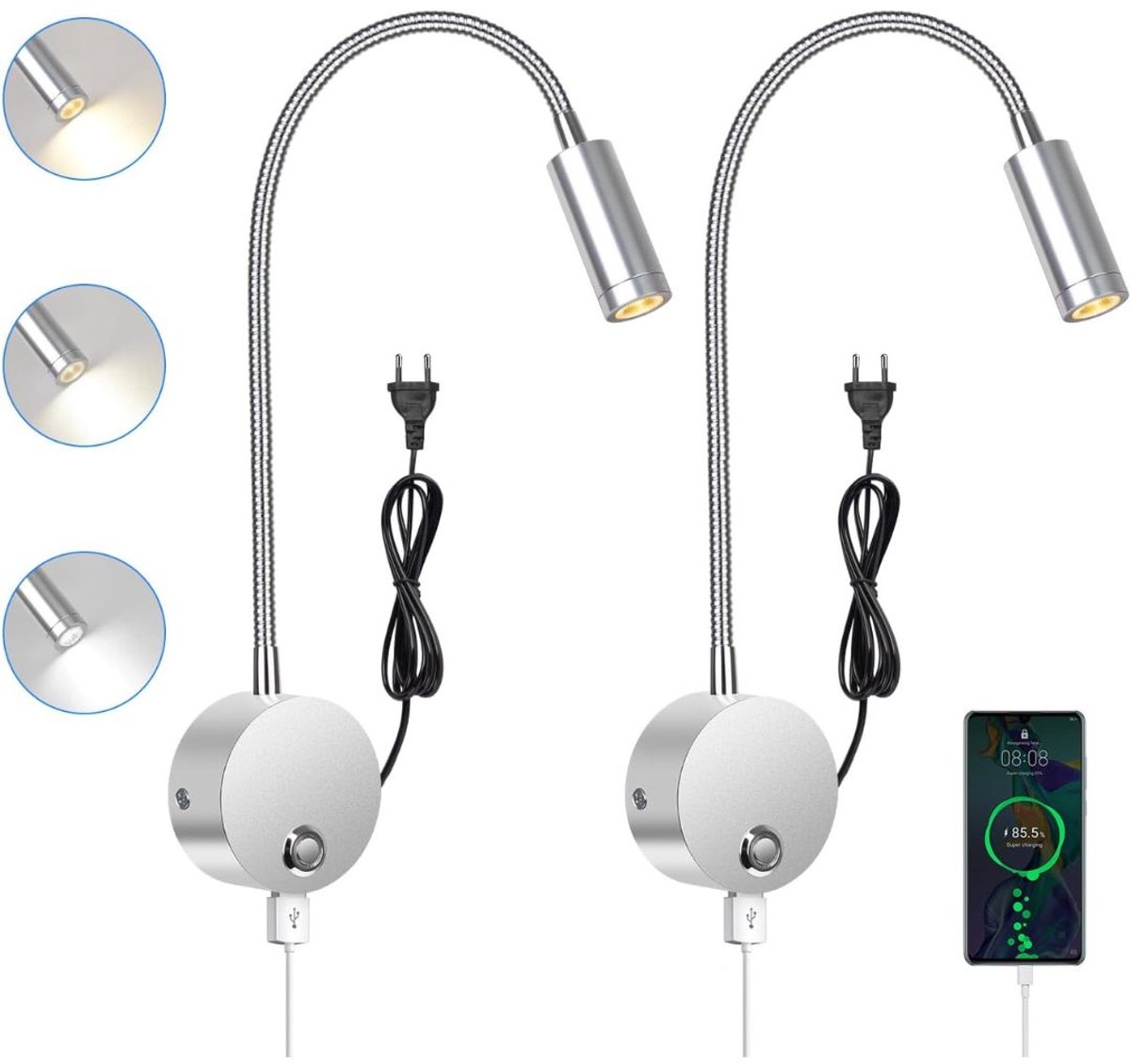MKSS® Bedlampjes Hoofdbord - Leeslampjes - Bedlamp Slaapkamer Volwassenen - Zilver