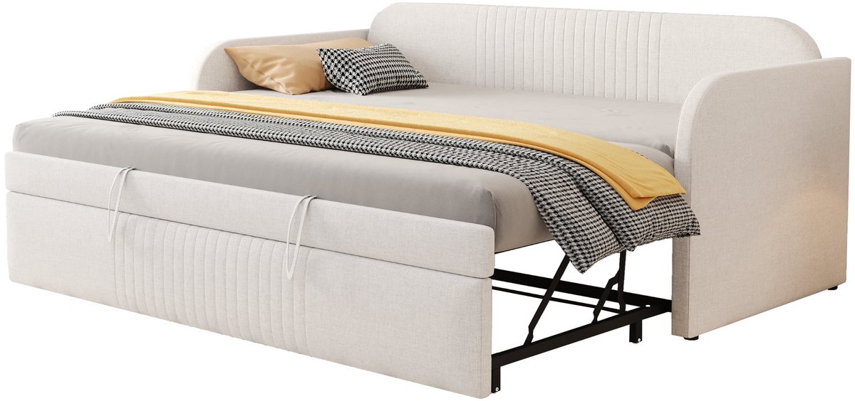 Merax Gestoffeerd Bed Uitklapbaar Logeerbed 90/180x190 cm - Met Lattenbodem - Comfortabele Linnen Stof - Beige