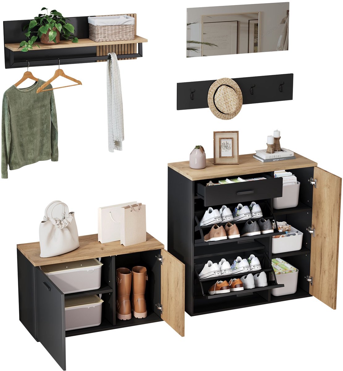 Merax Garderobeset 5-in-1 met Spiegel – 2x Schoenenkast en Kapstok met 4 Haken en Wandplank – Halmeubel met Lade en Opbergruimte – Zwart met Hout Bruin 85/80 cm