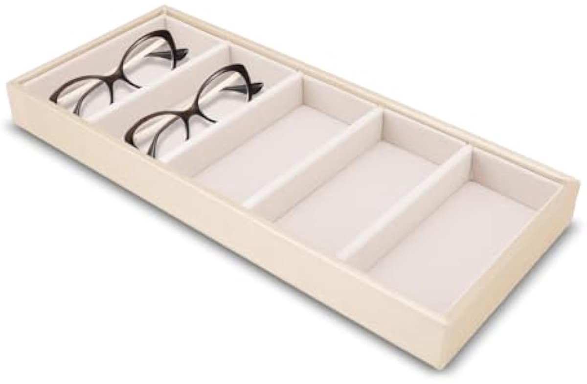 Fluwelen glazen doos, stapelbare glazen displaylade, sieradenorganizerlade voor brillen en horlogehouders, organizerlade (beige)