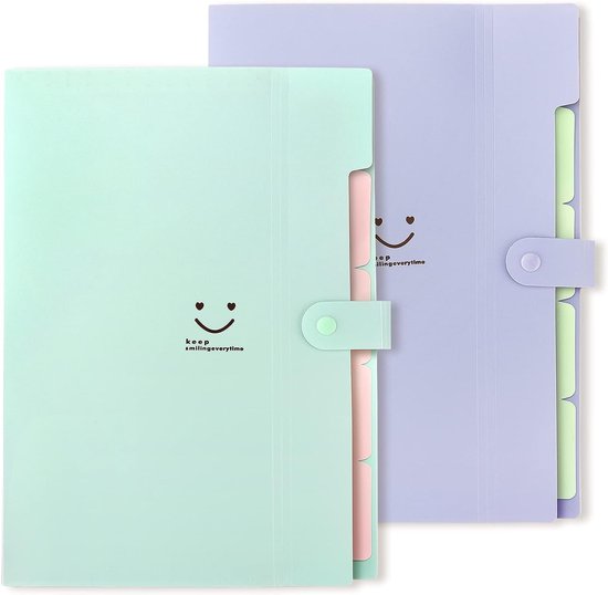 Chemise extensible JeiibrZui - Organiseur format A4 - Imperméable et pliable avec 5 compartiments pour documents et devoirs - 2 pièces - Vert + Violet