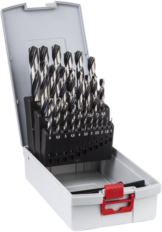 Boîtier en plastique gris avec 25 forets à métal Bosch, tailles 1,5-13mm.