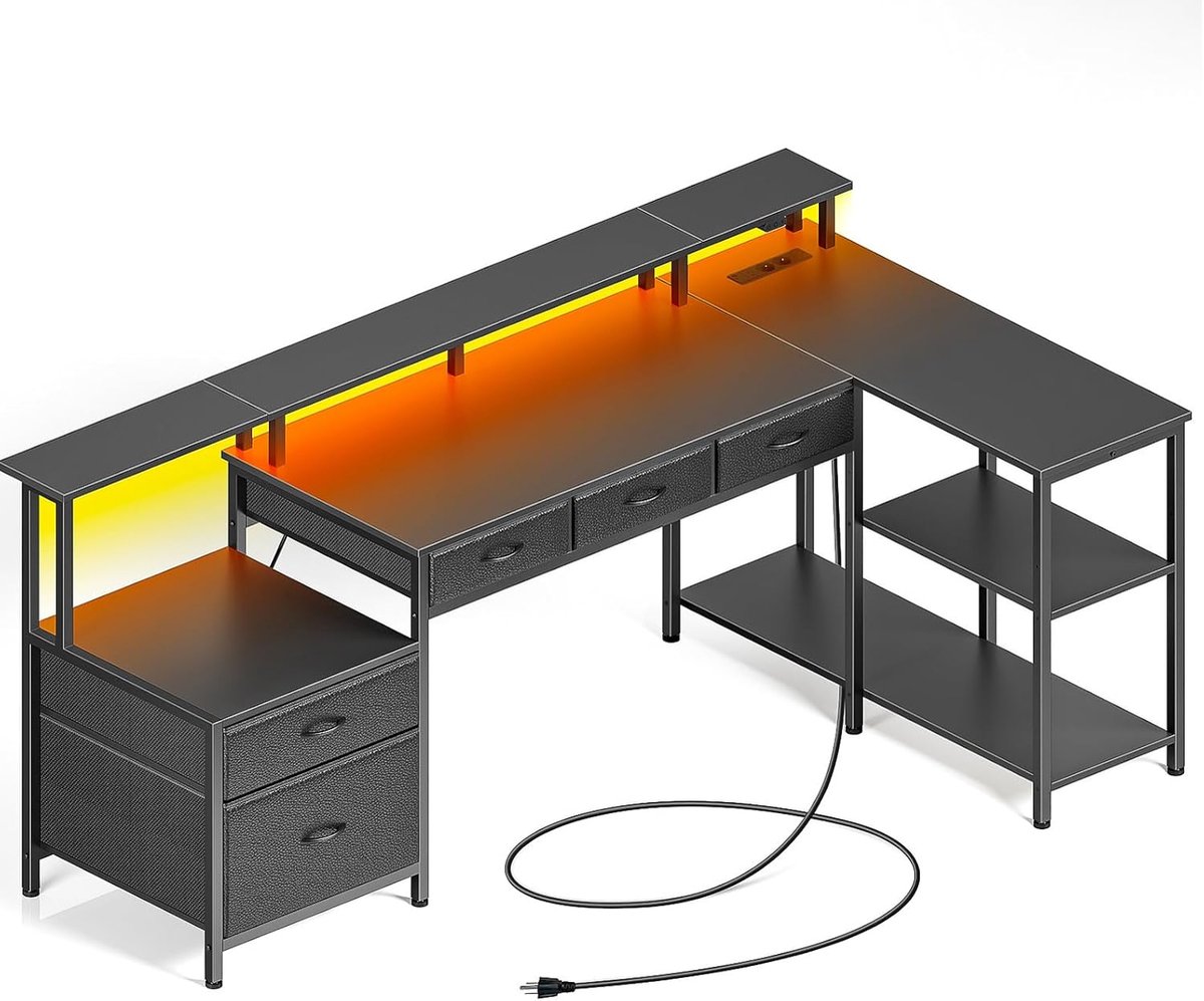 L-vormig Computertafel met Stopcontact en LED-illuminatie voor Kantoor en Gaming - 163 cm