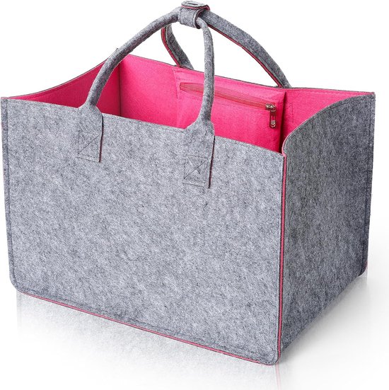 Sac en feutre gris avec doublure rose fuchsia, poignées et une poche zippée à l'intérieur.