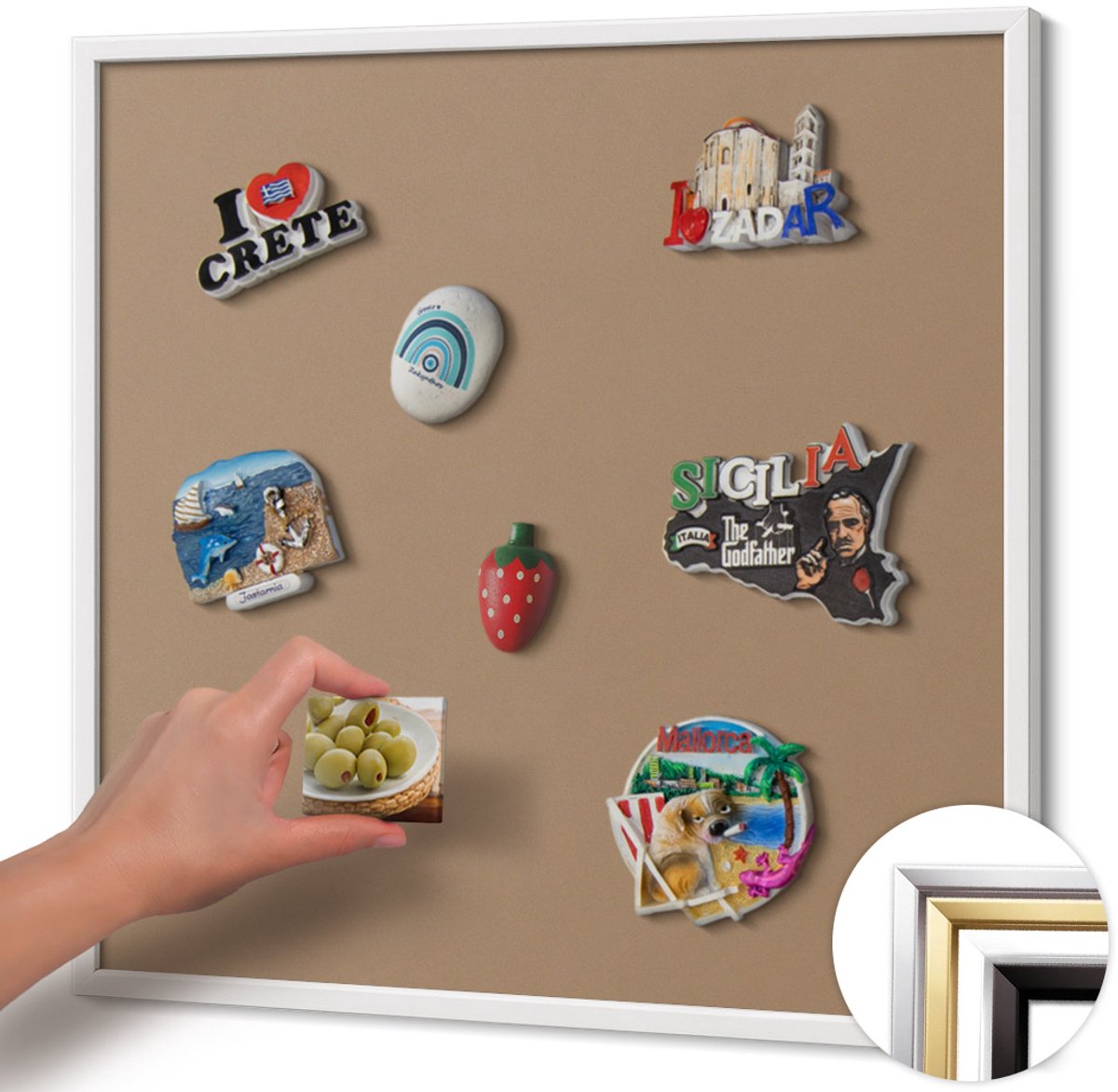 Wallfluent - Bruin Magneetbord in Stijlvolle Kleuren - 50 cm x 50 cm - Magneetbord met Witte Frame - Lichtbruine kleur - Magneetbord Voor Thuiskantoor - Magneetbord voor Herinneringen - Magnetisch Bord voor Thuis en Kantoor