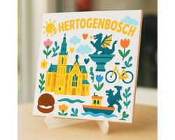 Tegeltje Den Bosch - 15×15 cm – Keramiek – Decoratief Souvenir – Inclusief Transparante Houder / Ezel – Cadeau - Tegeltjes met tekst