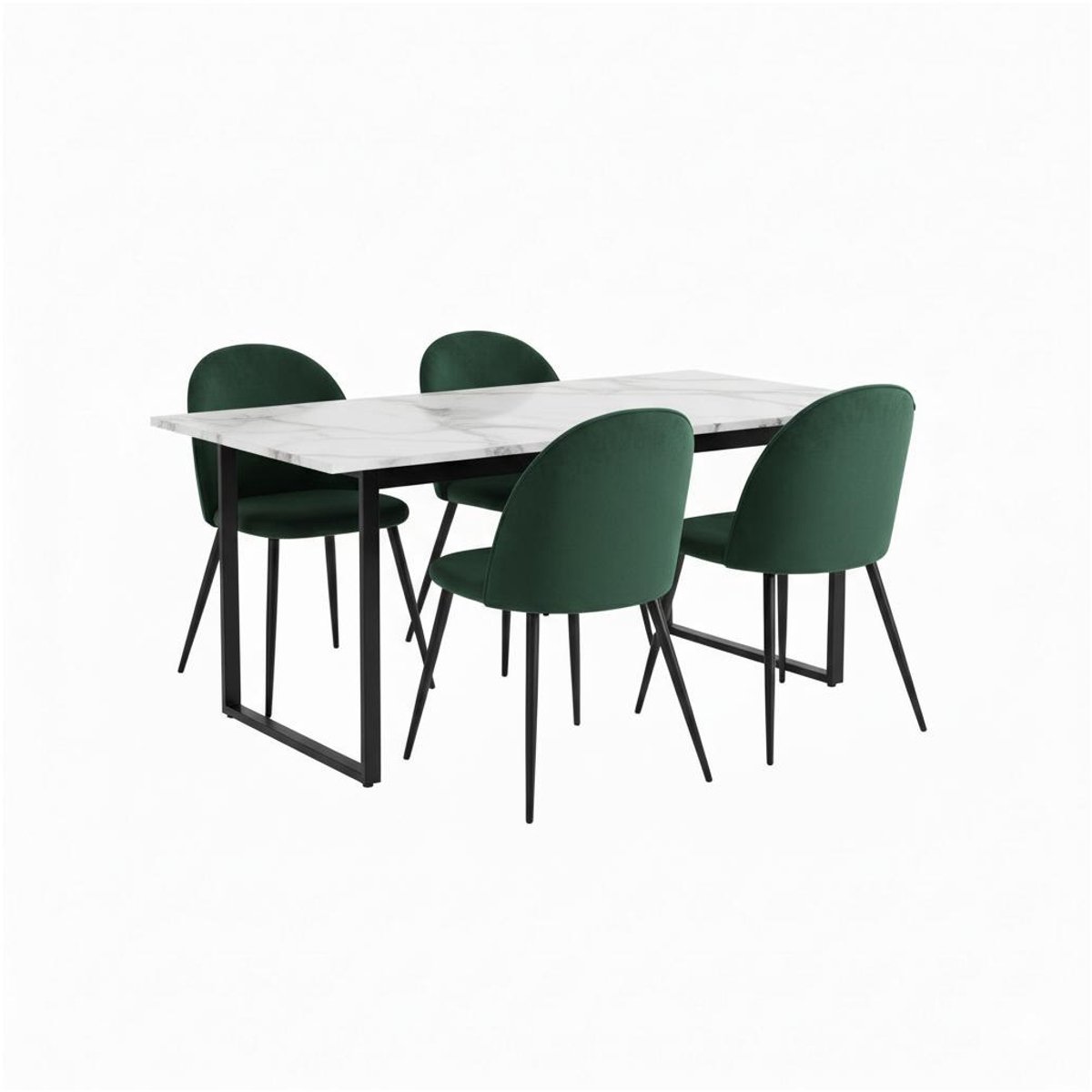 Tilst eethoek eettafel wit marmerprint 90x160 4 stoelen velours groen.