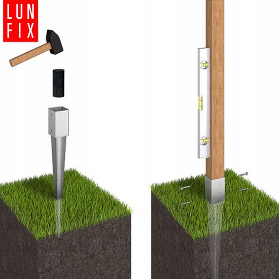 Illustration d'un support de poteau LUN FIX avec pointe, planté dans l'herbe, et d'un poteau vertical en bois, mis d'aplomb et vissé.