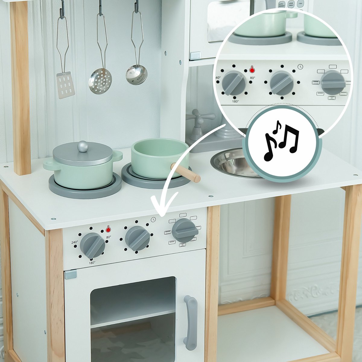 Mamabrum Montessori Houten keuken voor kinderen, 3 jaar – magnetron, oven, gootsteen en accessoires inbegrepen – robuust, veilig, leerzaam, natuurlijke kleuren, duurzaam creatief spel — afbeelding 6