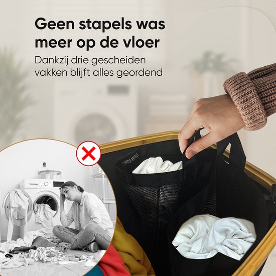 Panier à linge Premium 3 compartiments XXL - 200 L - Trieur de linge - Panier à linge avec couvercle - Avec 3 sacs amovibles - Zwart - Boutons - Boules de séchage incluses