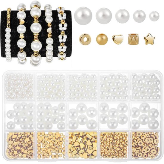 Set de 720 pièces - Perles pour la fabrication de bijoux en perles - Ensemble de bracelets en perles rondes - Bande de perles en plastique - Perles intercalaires en perles et or - Pour la fabrication de colliers, bracelets et bijoux - Wit