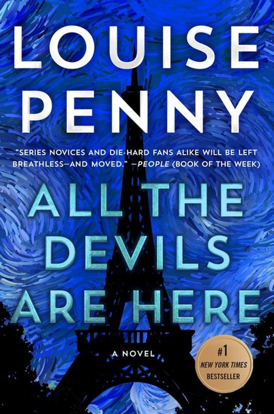 Boekcover: "All the Devils Are Here" van Louise Penny, met de Eiffeltoren tegen een sterrenhemel.