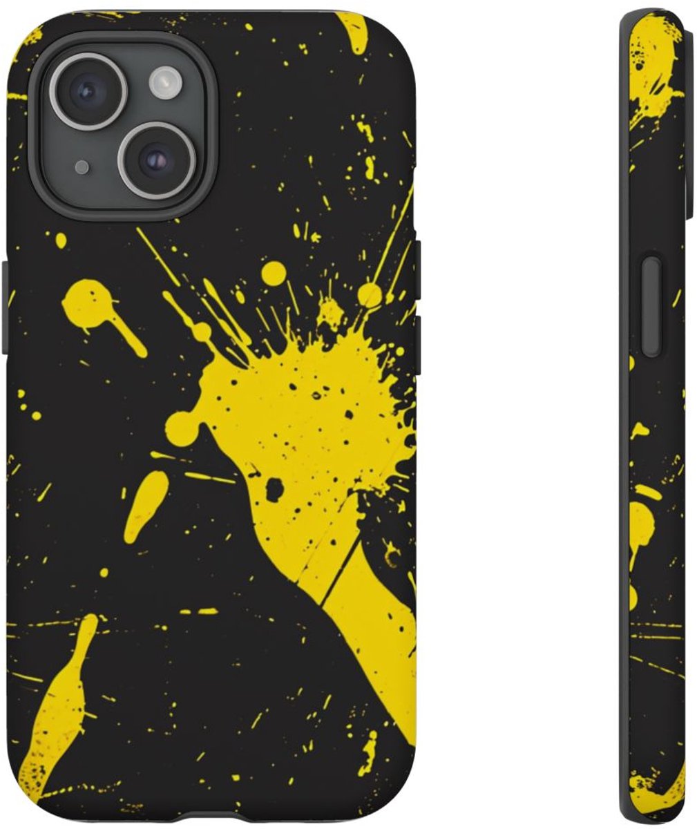 Gele Verfspatten op Zwarte Achtergrond – Telefoonhoesje Geschikt voor iPhone 15