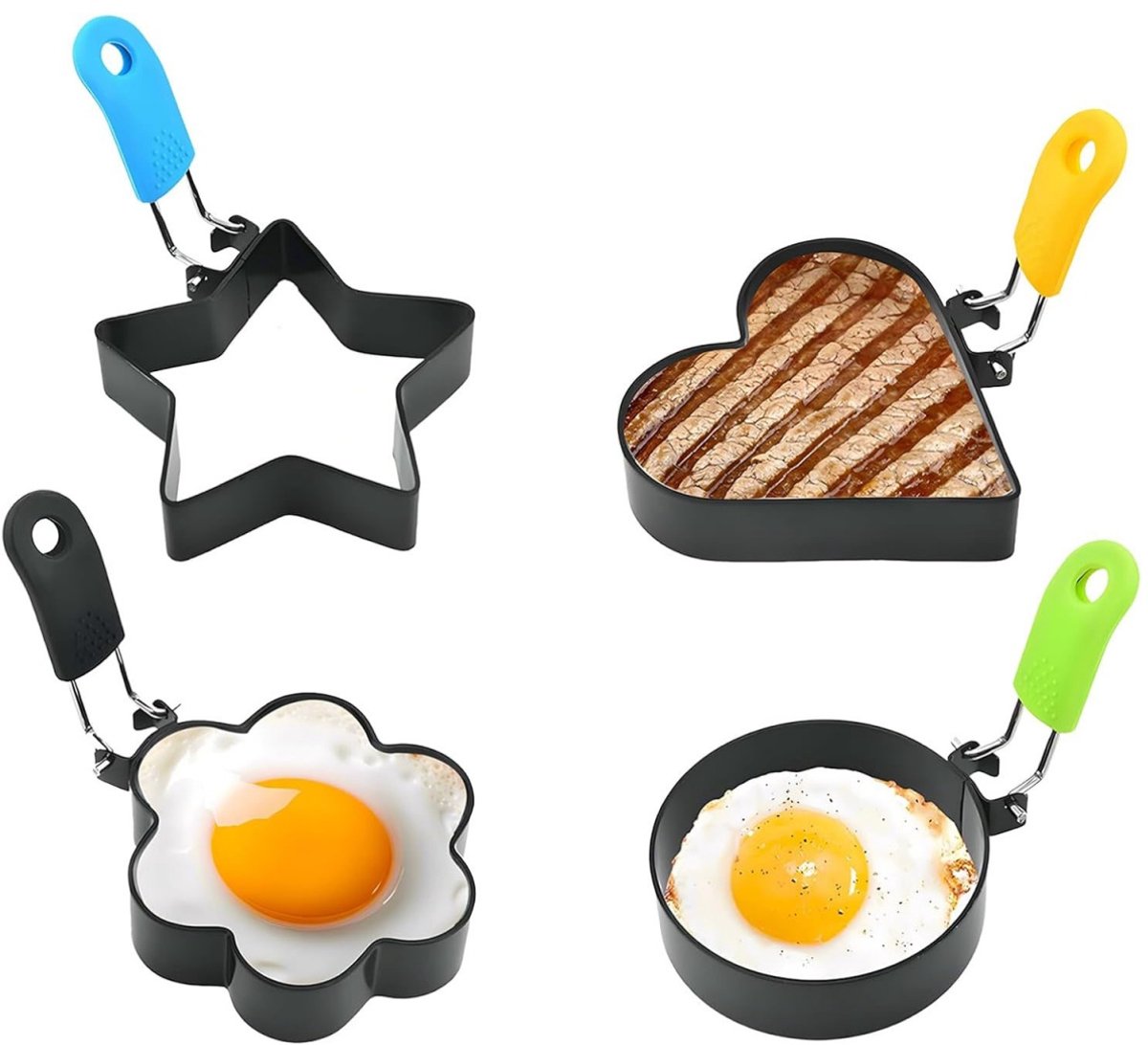 TOVBMUP 4 Stuks Spiegeleierformen - Eierringen - Omelett- en Pannenkoekenformen met Anti-aanbaklaag en Hittebestendige Siliconen Handvatten - Geschikt voor Inductie, Keramisch en Gasfornuis - RVS en Siliconen - 4 Vormen Set Zonder Accessoires