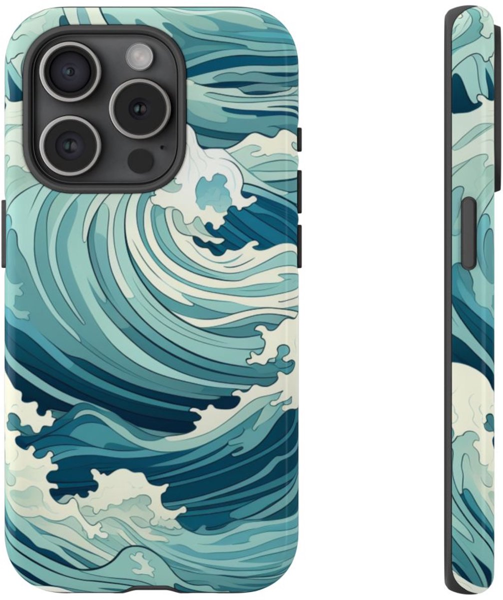 Ocean Wave Patroon – Glanzend Stevig Telefoonhoesje Geschikt voor iPhone 15 Pro