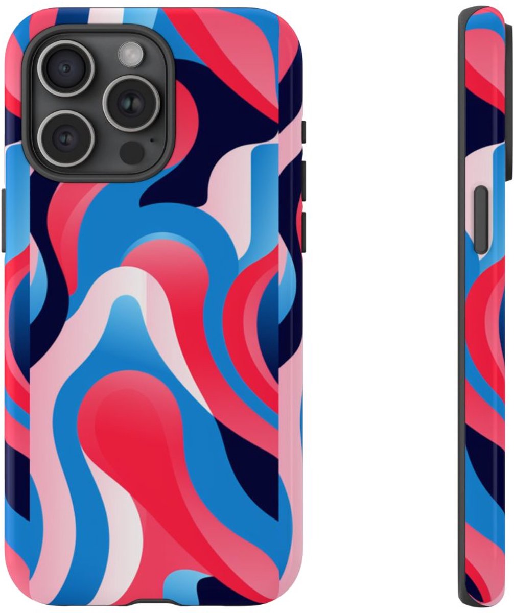 Blauw-Rood Abstract Golvend Patroon – Telefoonhoesje Geschikt voor iPhone 15 Pro Max