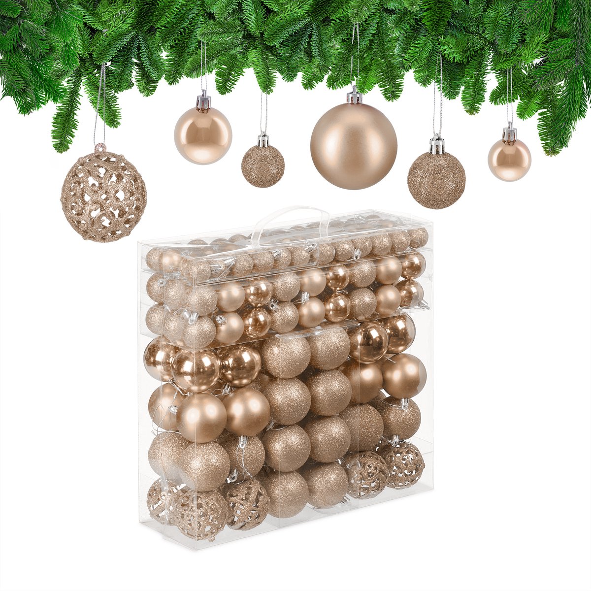 kerstballen - set van 150 - mat - glanzend - glitters - plastic - ∅ 3, 4, 6 cm - champagne