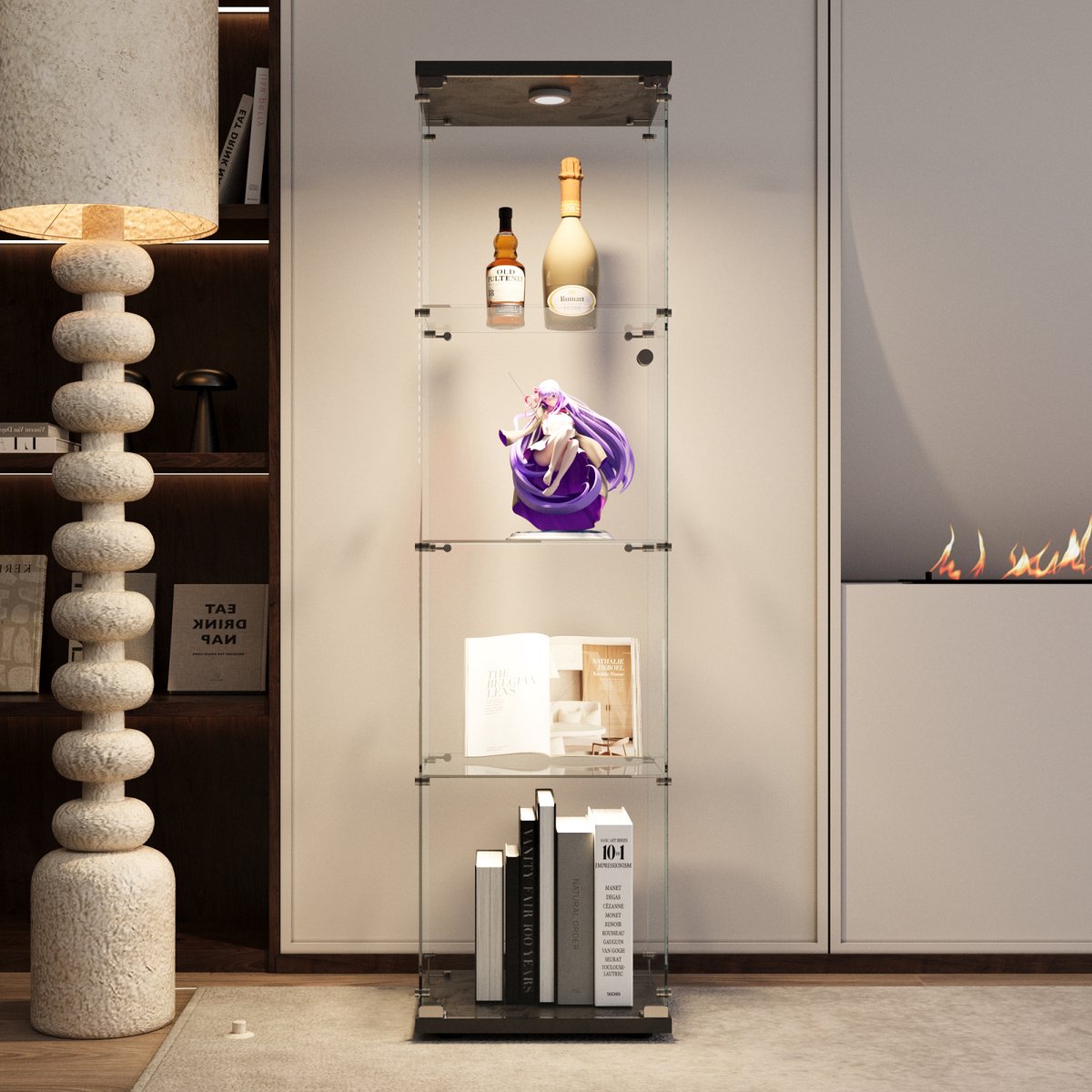 Moderne wijnkast zwart met LED-verlichting, vitrinekast 4 niveaus met glazen deur en gehard glas, enkeldeur