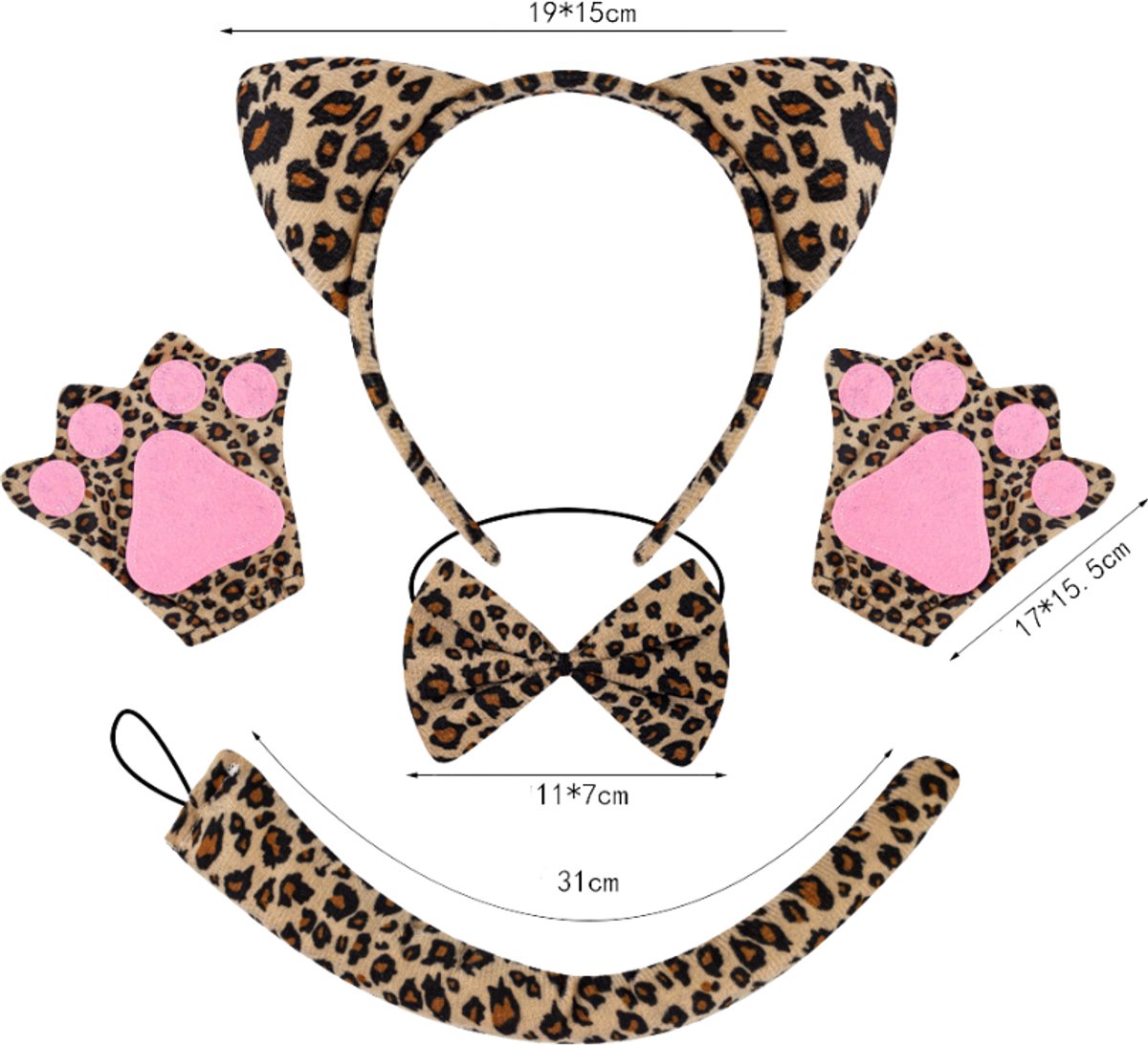 Joya Kids® Panter Verkleed Accessoires | Verkleedset Luipaard | Meisjes en Jongens en Volwassenen Verkleedpak Kat | Carnaval en Halloween Outfit kinderen en volwassen | Haarband met Oren, Staart, Pootjes en Strik | Tijger — afbeelding 11