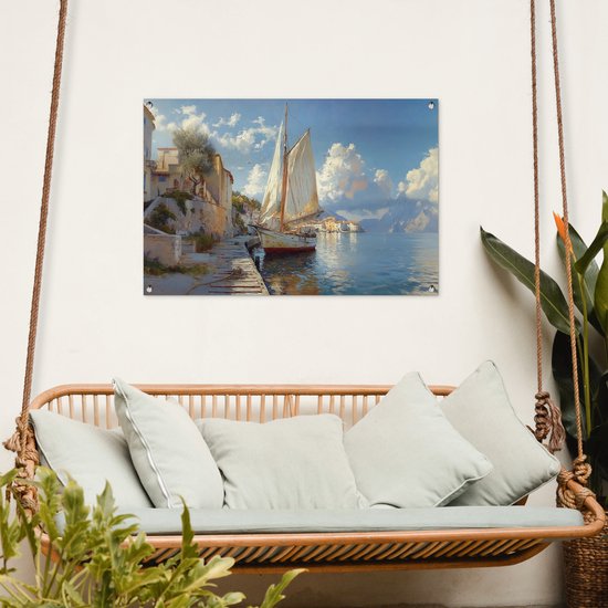 Tuinposter 90x60 cm - Tuindecoratie Zeilschip - Huizen - Kade - Zee - Poster voor in de tuin - Buiten decoratie - Schutting tuinschilderij - Tuindoek muurdecoratie - Wanddecoratie balkondoek
