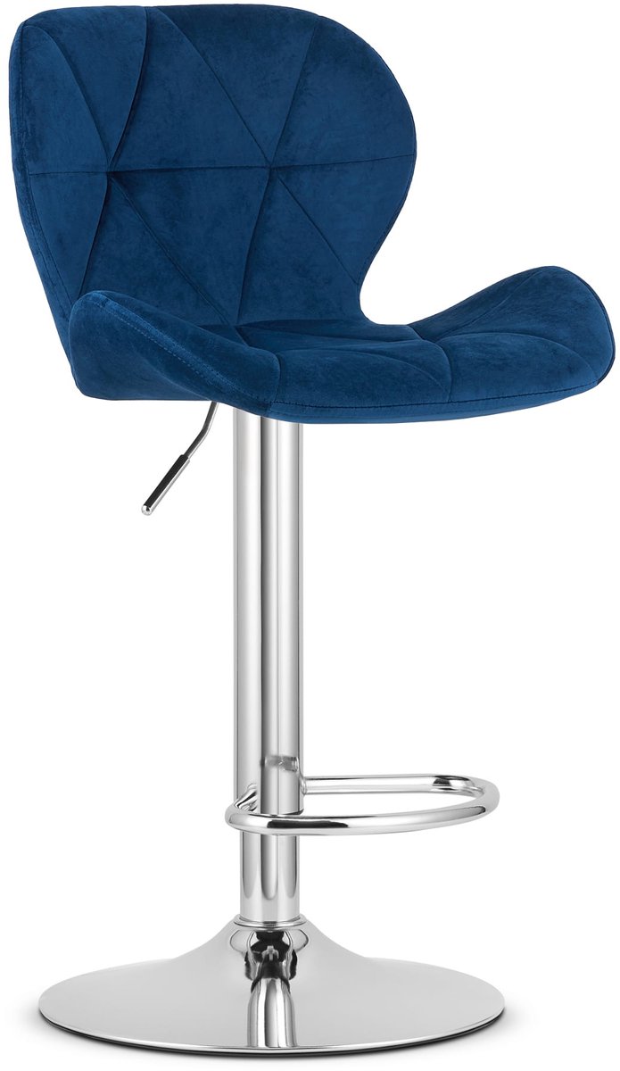 LEOBERT Barkruk WEST – Velvet Donkerblauw, Chromen Basis, Rugleuning, Verstelbare Hoogte, 360° Draaibaar, Comfortabele Voetsteun, Antislip Onderstel, Modern Design, Max. 110 kg donkerblauw / chromen