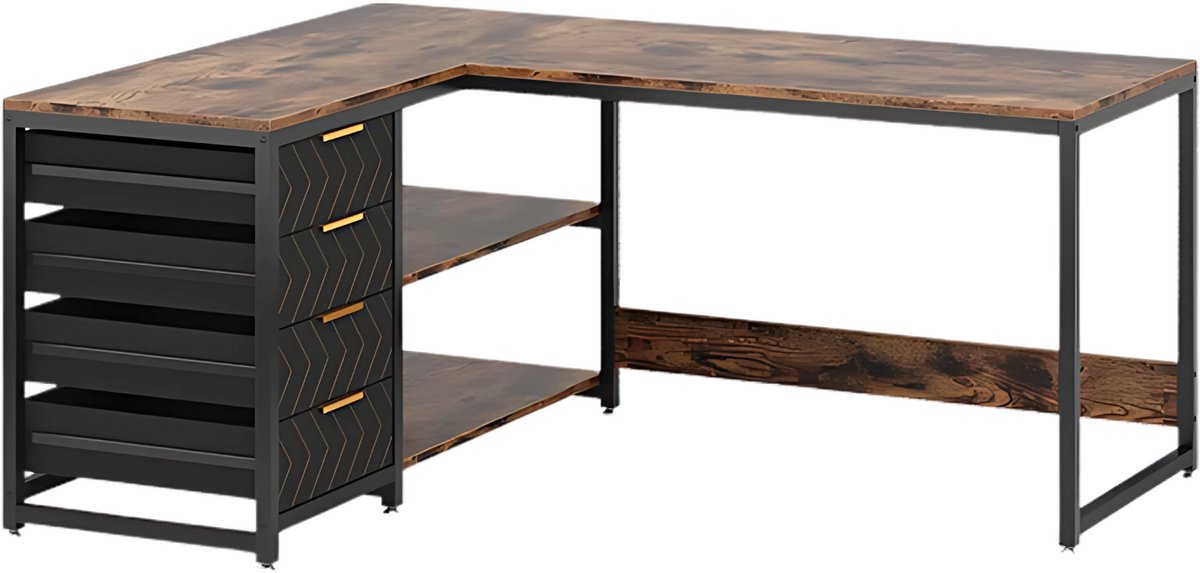 Happiq Hoekbureau Dublin - Computerbureau - 150cm - Bruin - Voor thuis of werk - Hout en metaal Zwart