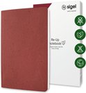 Rood Sigel Re-Up notitieboek naast een doos met opschrift 'Re-Up notebook'. Vier symbolen tonen duurzaamheidskenmerken.