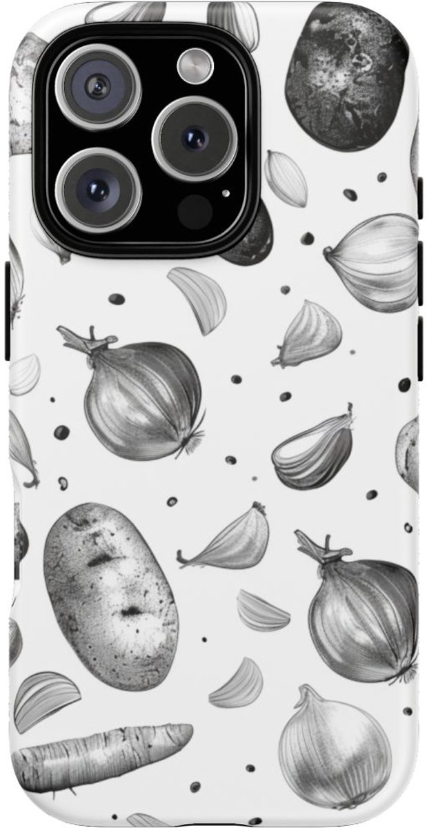 Zwart-Wit Groentenpatroon – Telefoonhoesje Geschikt voor iPhone 16 Pro