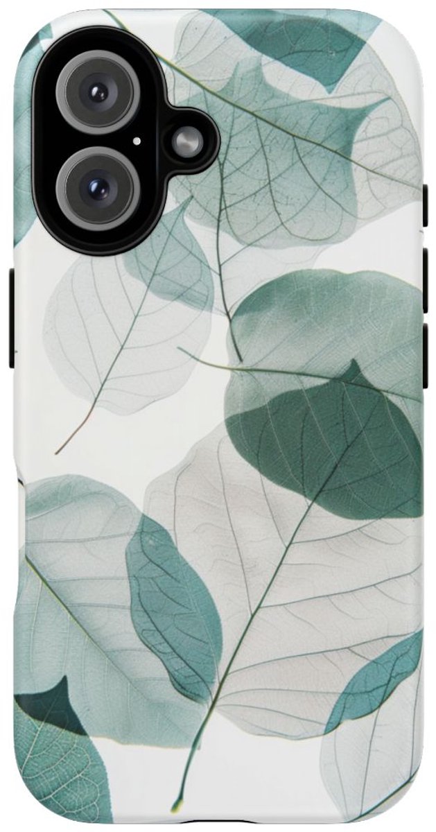 Transparante Blauwe Bladeren – Mat Stevig Telefoonhoesje Geschikt voor iPhone 16