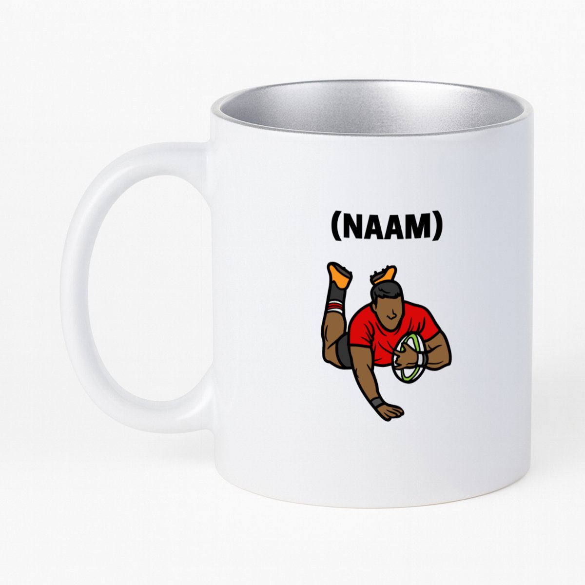 Hacebo® - Rugby met eigen naam koffiebeker met zilver kleurige binnenkant - Rugby - Rugbyer - thee mok - koffie beker - Sport - koffiemok - 330 ML