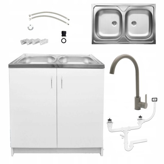 STAMAR - Meuble de cuisine 80x50 évier 2 compartiments robinet haut siphon - vert olive