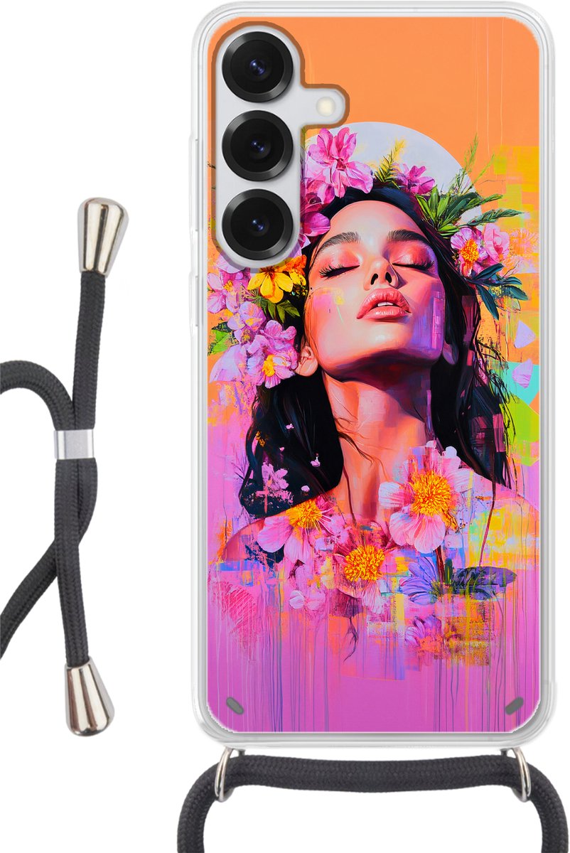 Telefoonhoesje Geschikt voor Samsung Galaxy S25 Plus - Portret - Bloemenkroon - Vrouw - Siliconen - Crossbody - Backcover met Koord - Telefoonhoesje met koord - Hoesje met touw Telefoonhoesje