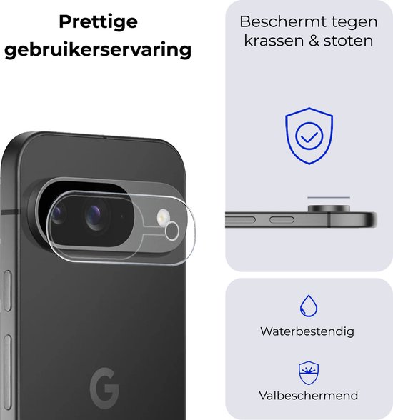 Zwarte telefoon met cameralens protector. Tekst: Beschermt tegen krassen & stoten, Waterbestendig, Valbeschermend.