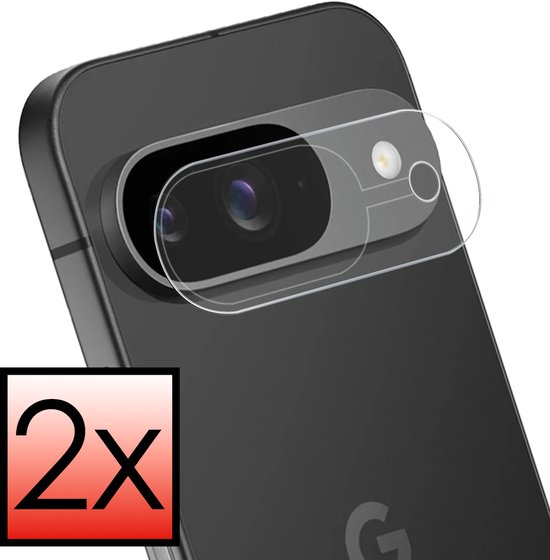 Close-up van een telefoon met twee camera's en een transparante camera screenprotector. Tekst '2x' in een rood kader.
