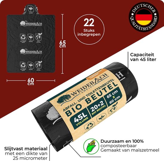 Weidebach 22 stuks biologisch afbreekbare toiletzakken van 45 liter voor campingtoilet - 100% waterdicht - noodgevallen-toiletzak voor alle gangbare campingtoiletten van WEIDEBACH® — afbeelding 2