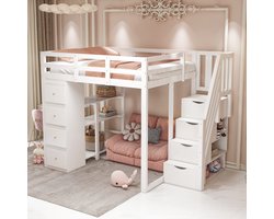 Pugsdrly Hoogslaper 140*200 cm met opberglade, ladekast met planken, veiligheidsladder met opberglades, multifunctioneel massief houten bed, wit. De oude SKU is LDB00278AAK