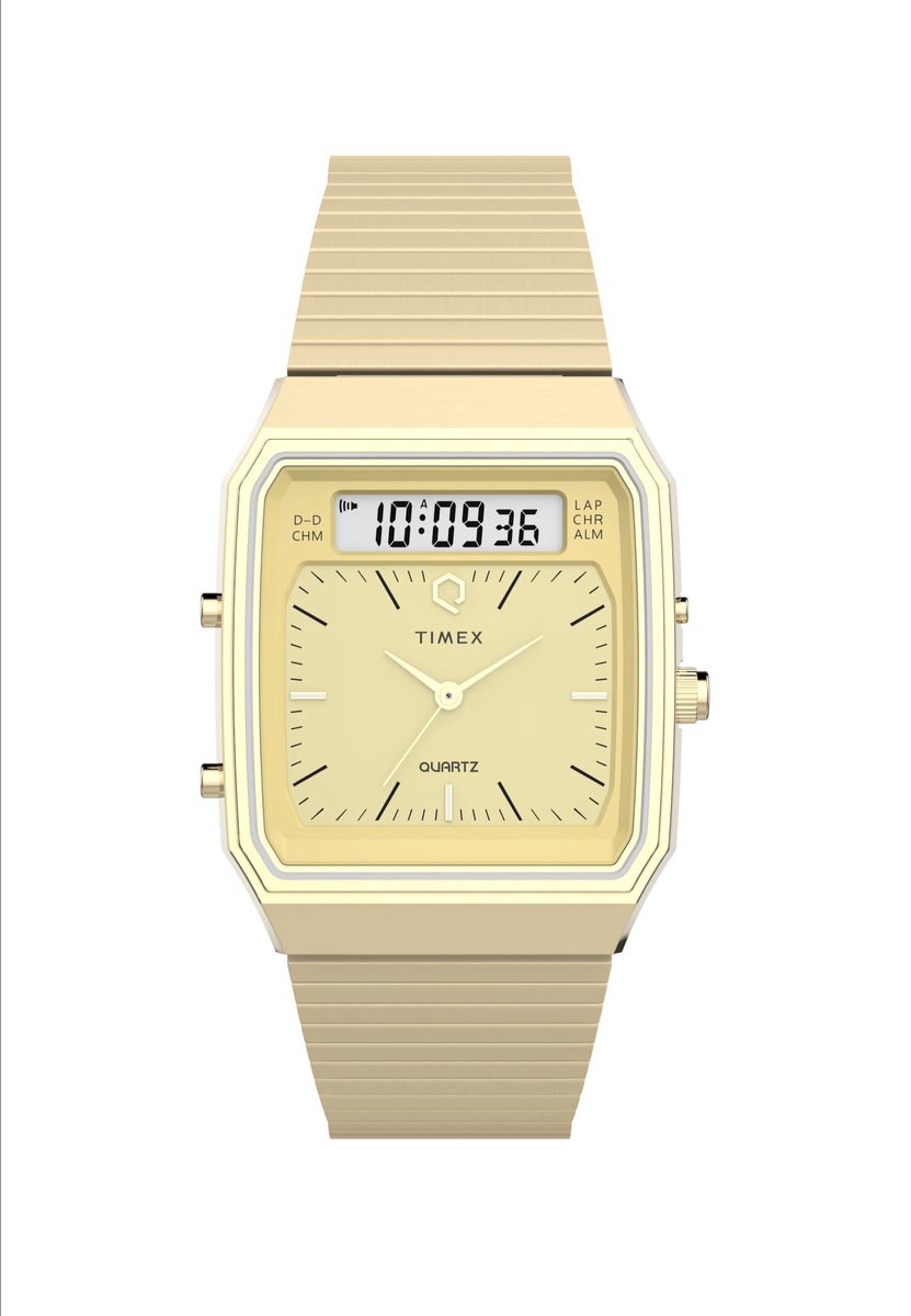 Timex Q Timex 1982 Fusion Analog-Digital Reissue Quartz Analoog En Digitaal Horloge Gouden Toon Kast: 100% Roestvrij Staal | Armband: 100%Roestvrij Staal 33 TW2Y05900AJ, TW2Y06000AJ