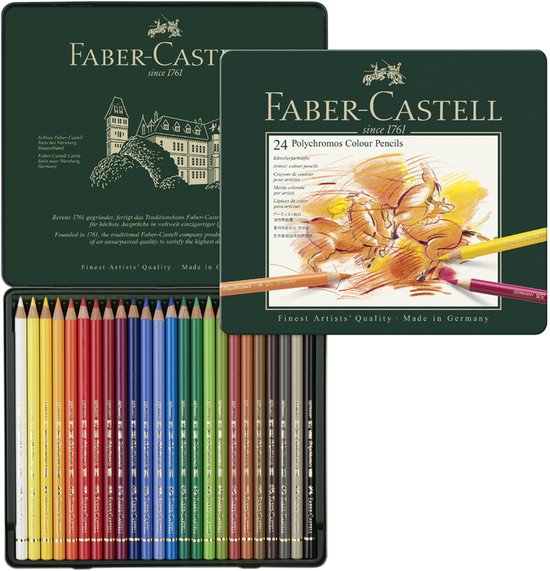 Faber-Castell Polychromos 24 kleurpotloden in groen blik met paardenillustratie.