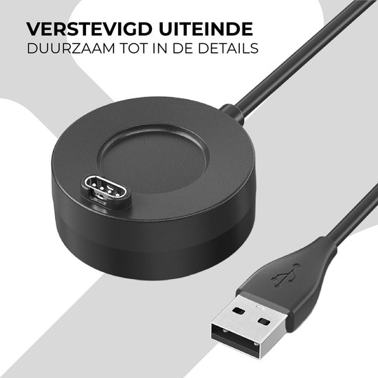 Zwarte ronde oplader met USB-A-stekker, met verstevigd uiteinde en duurzame details.