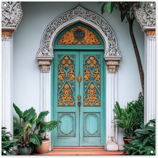 Affiche de jardin 100x100 cm - Décoration de jardin Porte - Motifs - Plantes - Affiche pour le jardin - Décoration extérieure - Tableau de jardin clôture - Décoration murale sur toile de jardin - Décoration murale sur toile de balcon