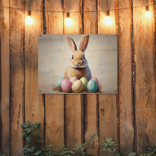 Tuinposter 80x60 cm - Tuindecoratie Paashaas - Pastel - Eieren - Poster voor in de tuin - Buiten decoratie - Schutting tuinschilderij - Tuindoek muurdecoratie - Wanddecoratie balkondoek - Pasen - Paasdecoratie - Paas versiering