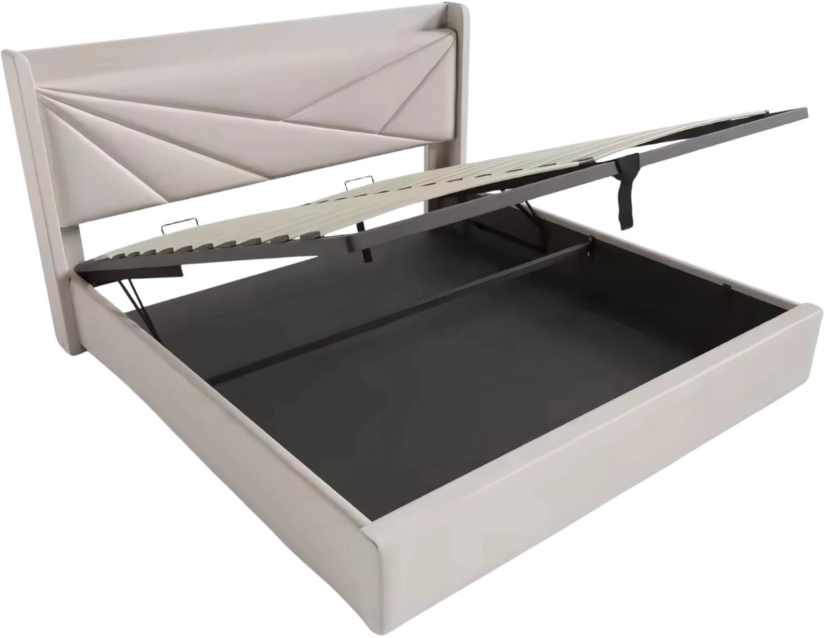 Happiq Bed - Tweepersoonsbedden - Tweepersoonsbed - Twijfelaar - Voor Slaapkamer - Met USB-C Oplaadfunctie, Opbergruimte & Comfortabel Hoofdeinde - Linnen Bekleding, Lattenbodem & Inclusief Matras - 140x200cm Beige