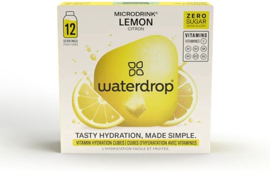 Doos microdrink citroensmaak met 12 porties. Visuele elementen zijn een citroen, citroenschijfjes en waterdruppels. "12 SERVings Portions" en "Zero Sugar" zijn zichtbaar.