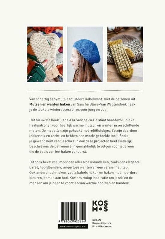 Boek "Mutsen en wanten haken" met patronen voor winterse accessoires, met o.a. wanten en mutsen in verschillende kleuren en stijlen.