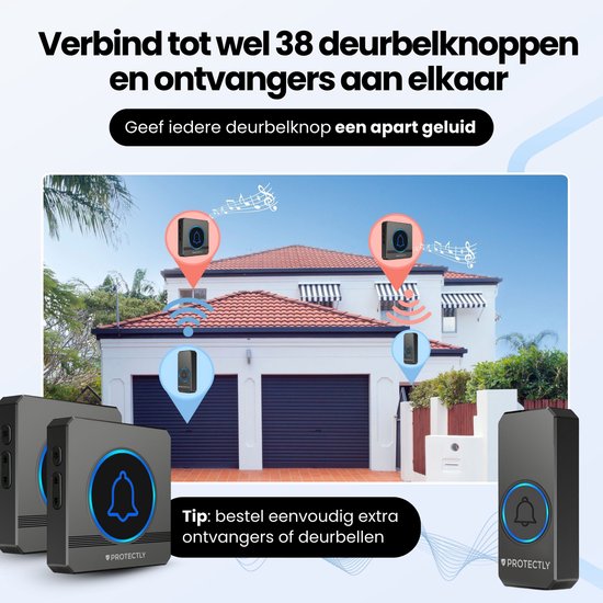 Protectly® Draadloze Deurbel met 2 Ontvangers - Deurbel Draadloos - Bel - Bereik 450 Meter - Waterdicht - Incl. 60 melodieën - Incl. Gong (T-ring geluid) - 5 Volumes - IP55 Waterdicht - Zwart van Protectly — afbeelding 3